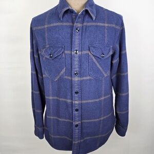 Wallace & Barnes Soft Flannel Shirt Mens L Navy Blue Plaid Thick